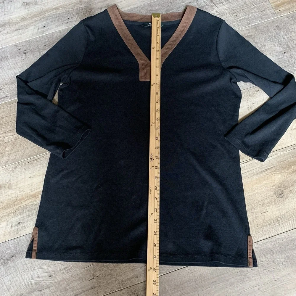 Lauren Ralph‎ Lauren Women's V Neck Blouse Sz Large  Black Faux Suede Details.